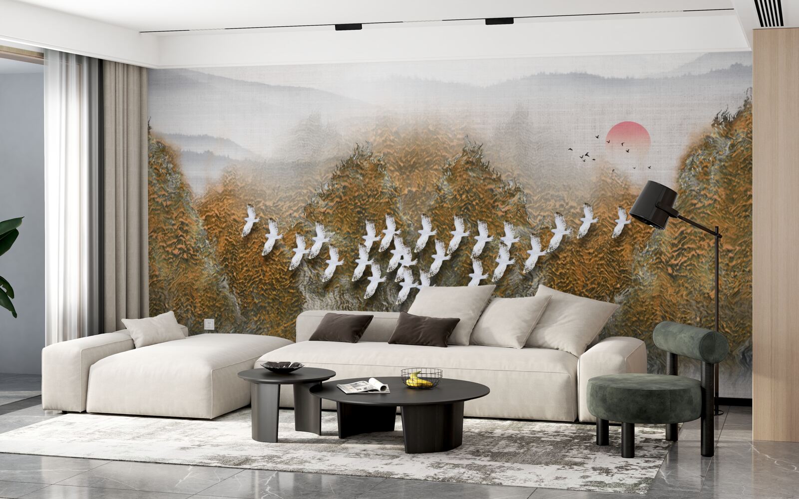 Fototapet un grup de păsări traversează cerul, planând deasupra copacilor și a apei