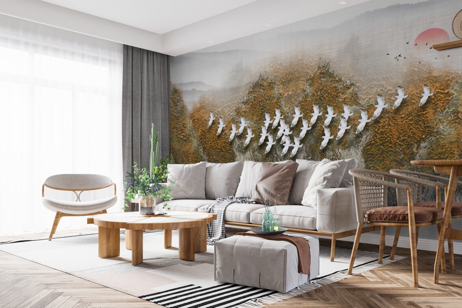 Fototapet un grup de păsări traversează cerul, planând deasupra copacilor și a apei