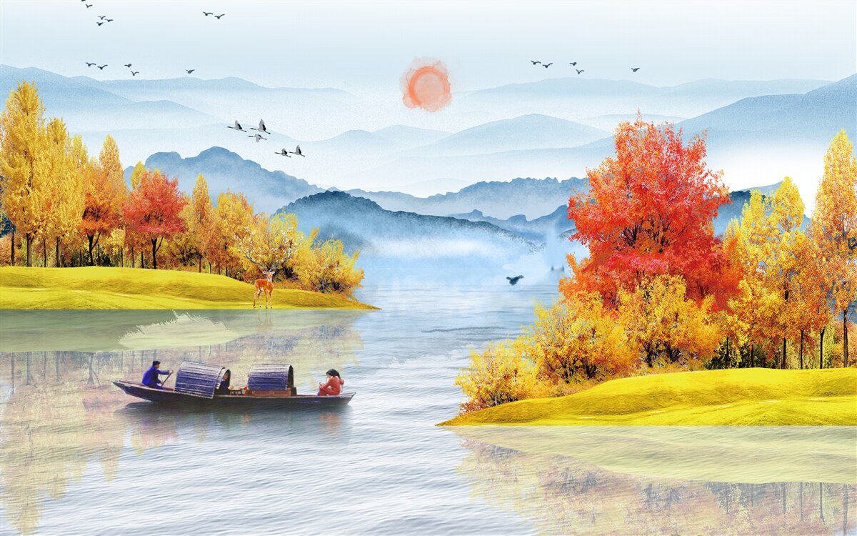 Fototapet navă pe un râu de munte