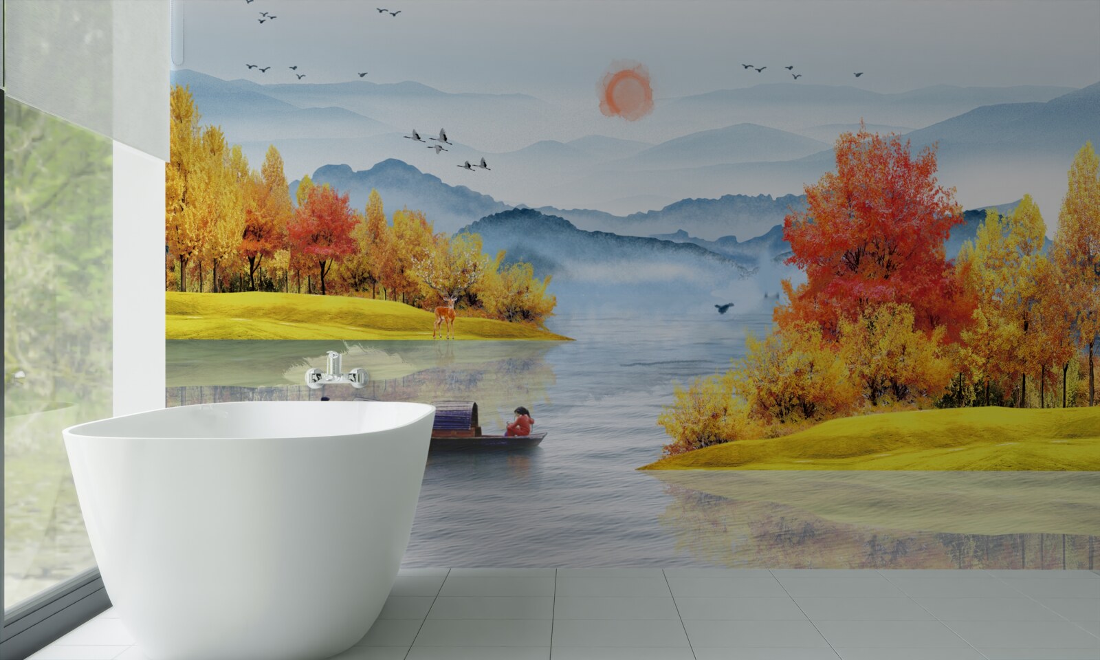 Fototapet navă pe un râu de munte