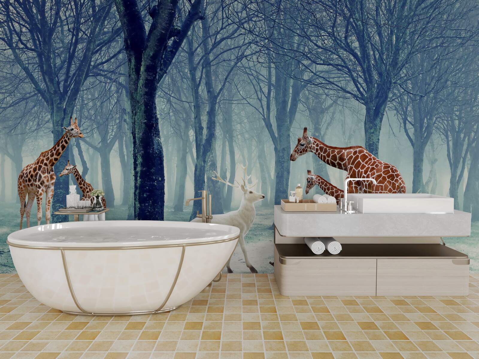 Fototapet Girafele își fac un nou prieten