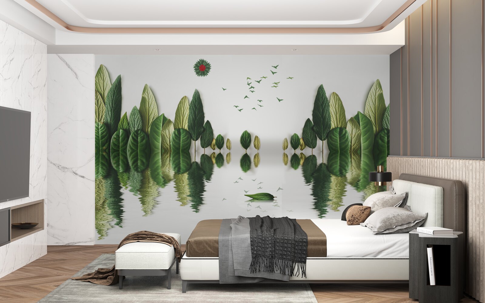 Fototapet reflectarea unei păduri acoperite cu frunze într-o oglindă de apă