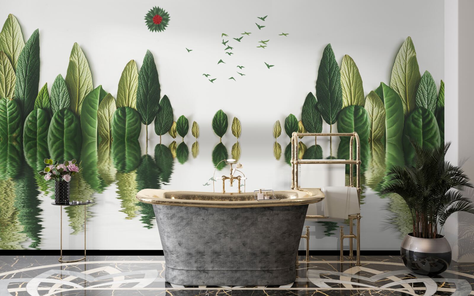 Fototapet reflectarea unei păduri acoperite cu frunze într-o oglindă de apă