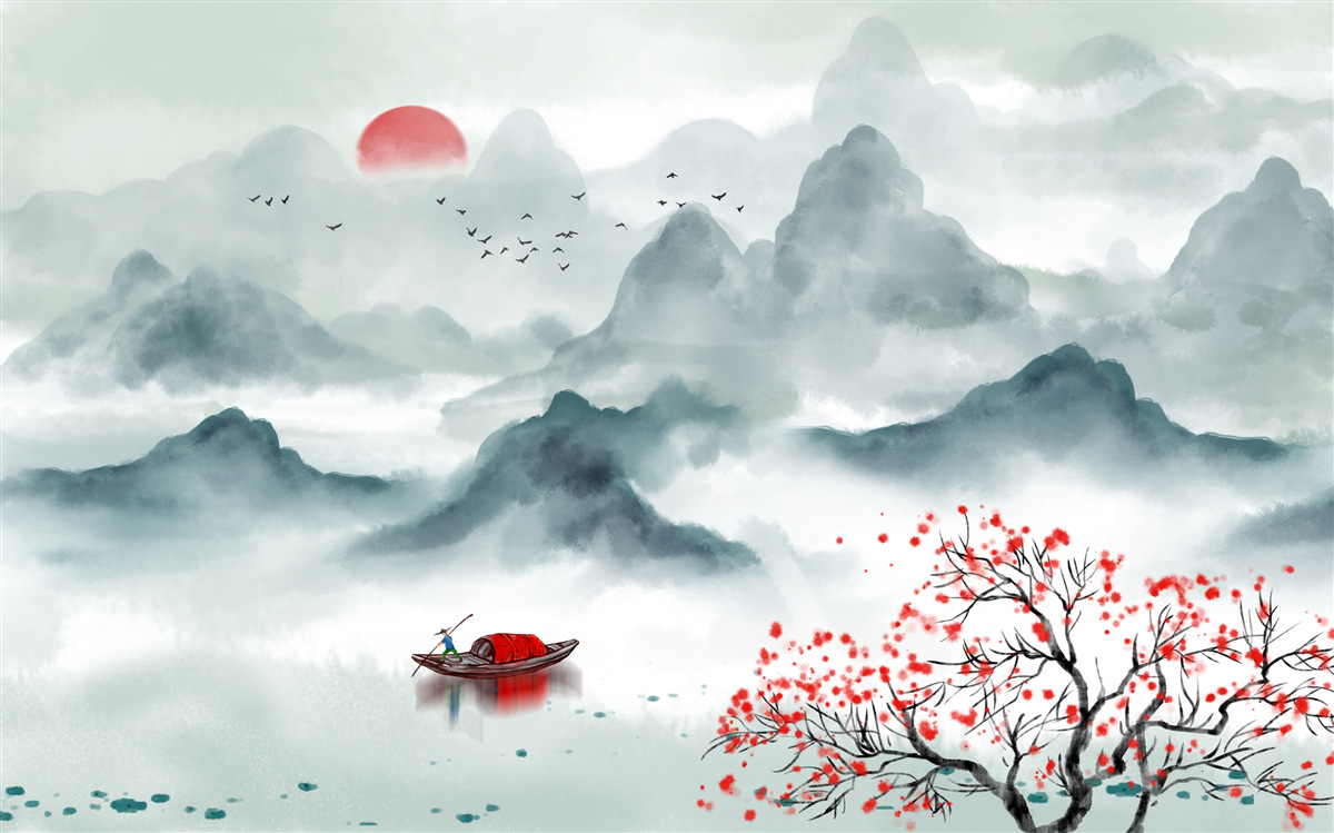 Fototapet pescar pe un rezervor mistic de munte