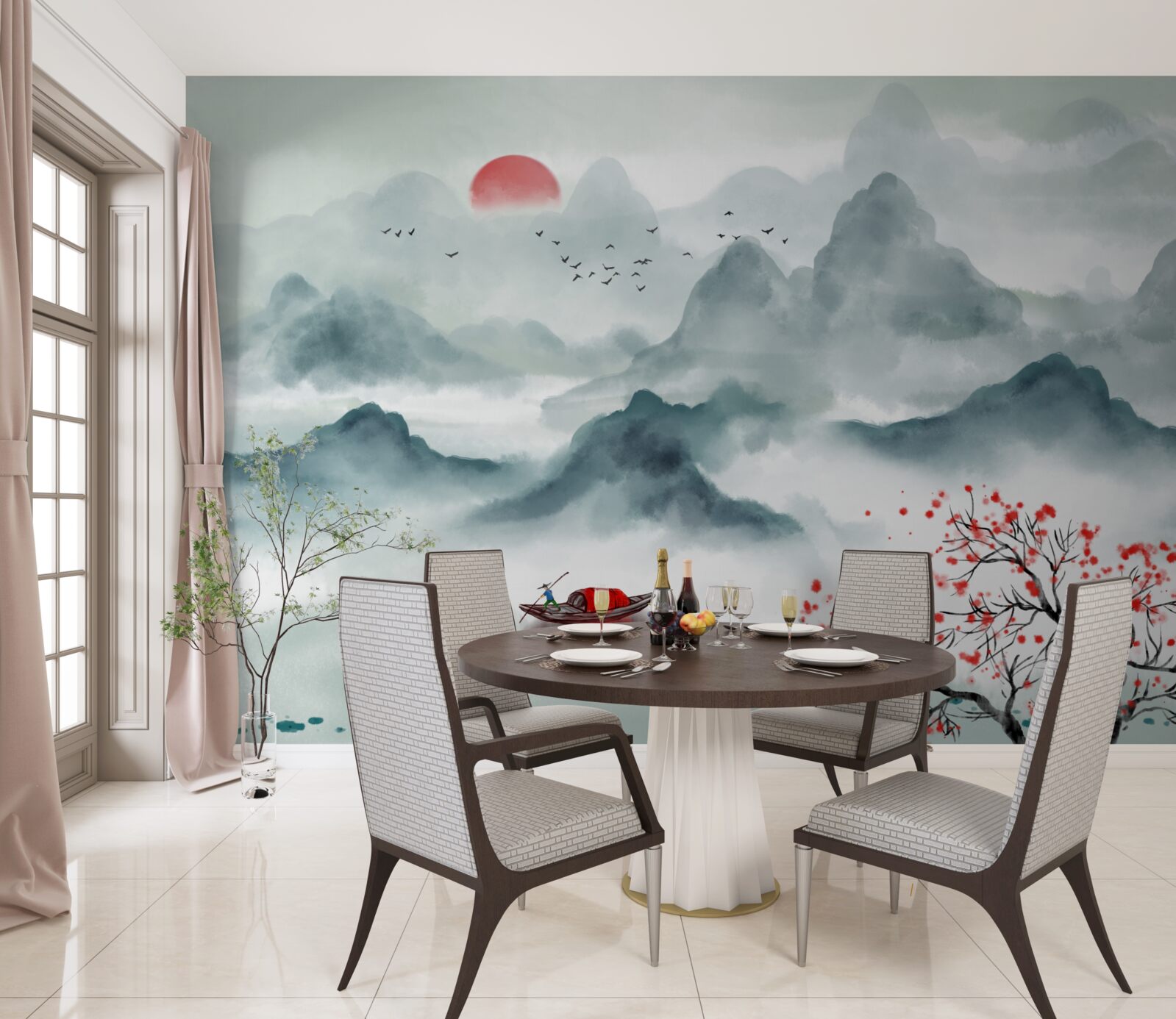 Fototapet pescar pe un rezervor mistic de munte