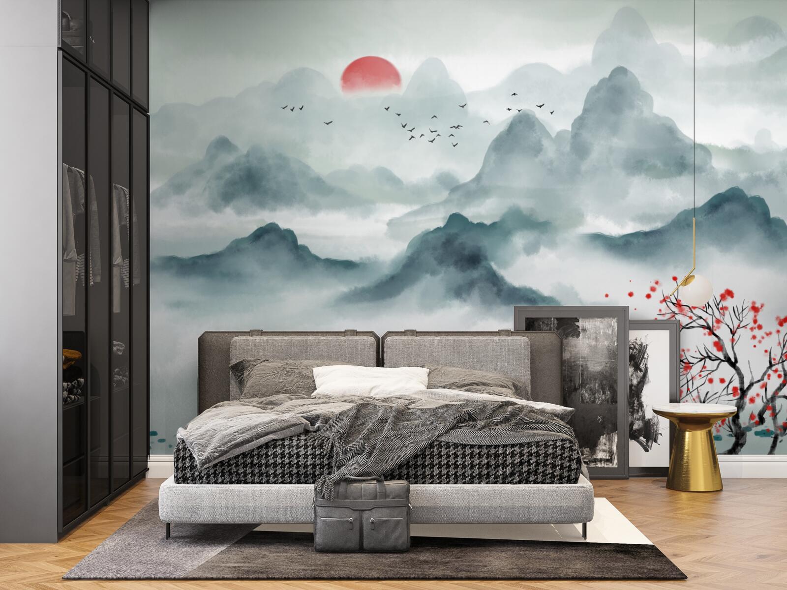 Fototapet pescar pe un rezervor mistic de munte