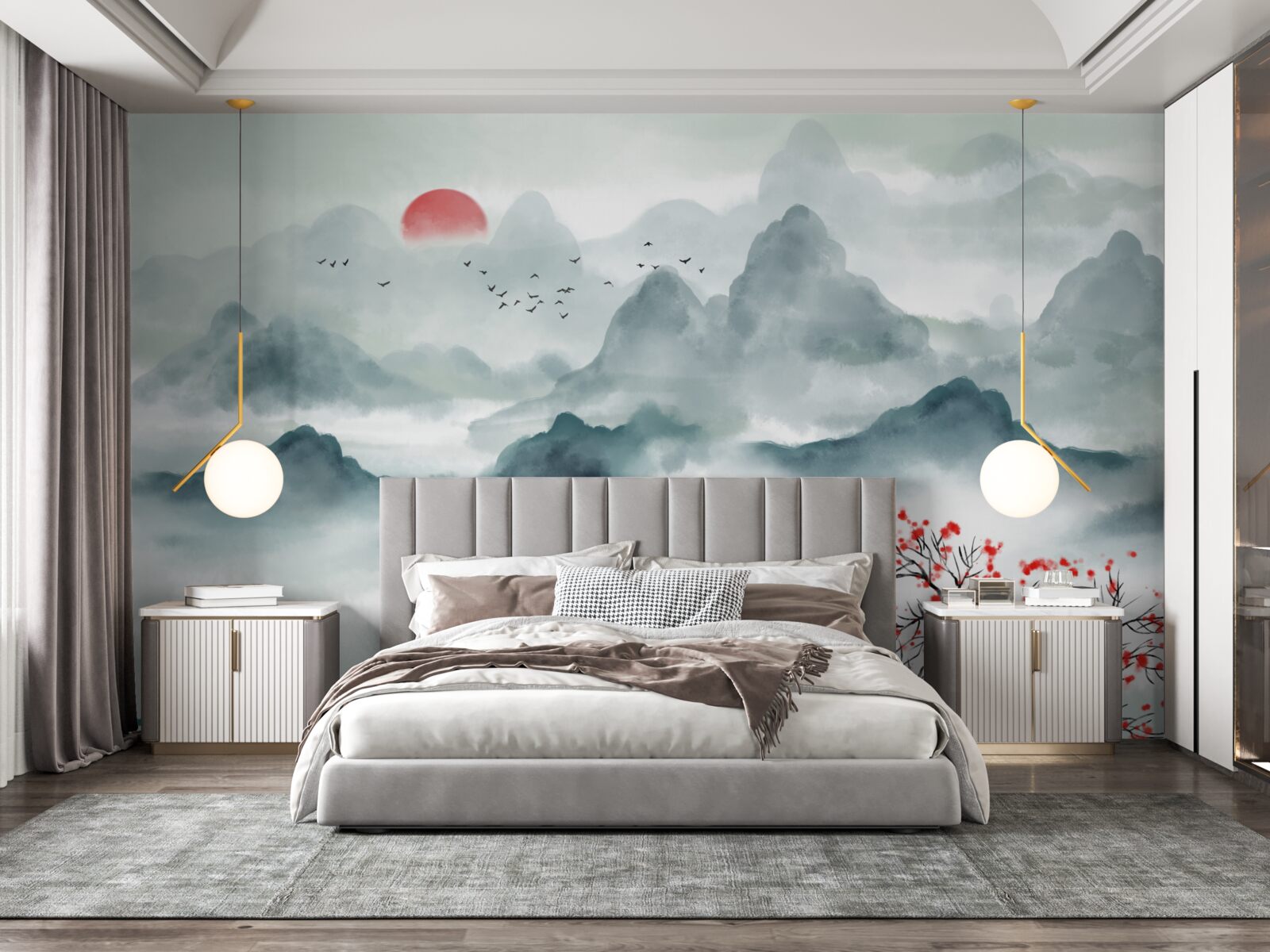 Fototapet pescar pe un rezervor mistic de munte