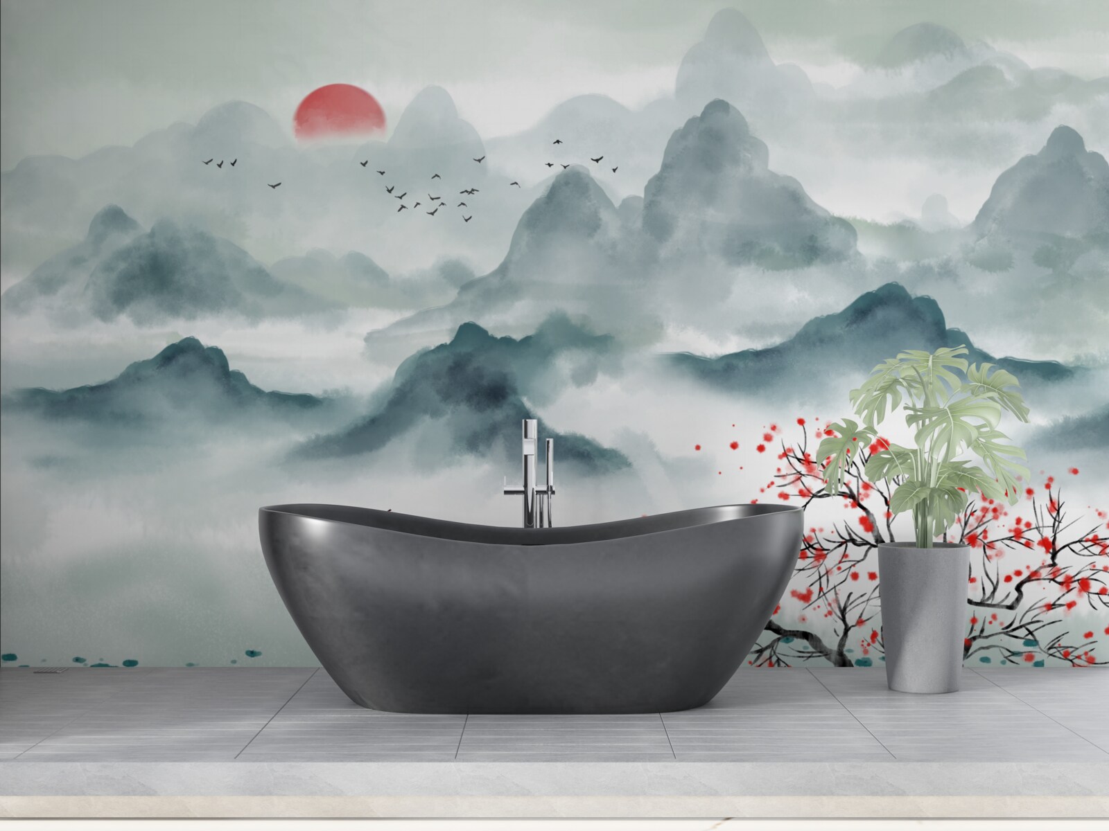 Fototapet pescar pe un rezervor mistic de munte