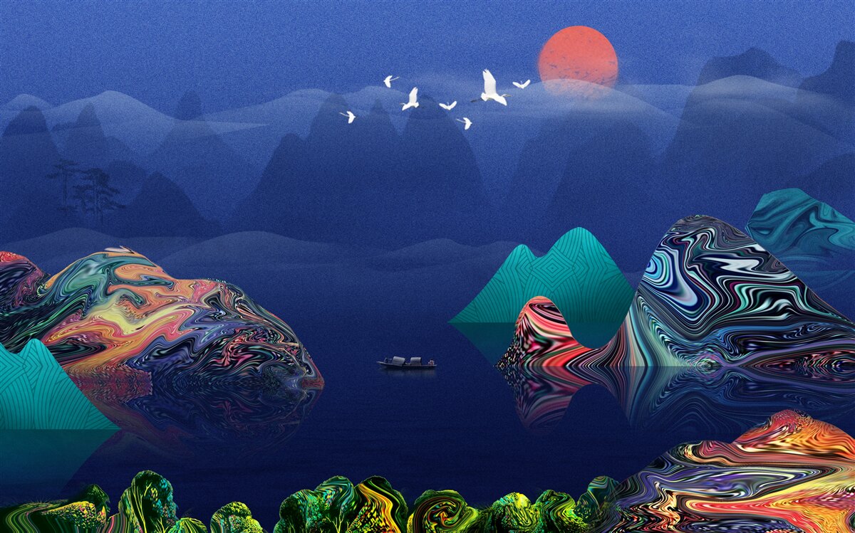 Fototapet Macarale care zboară la apus de soare peste un râu de munte