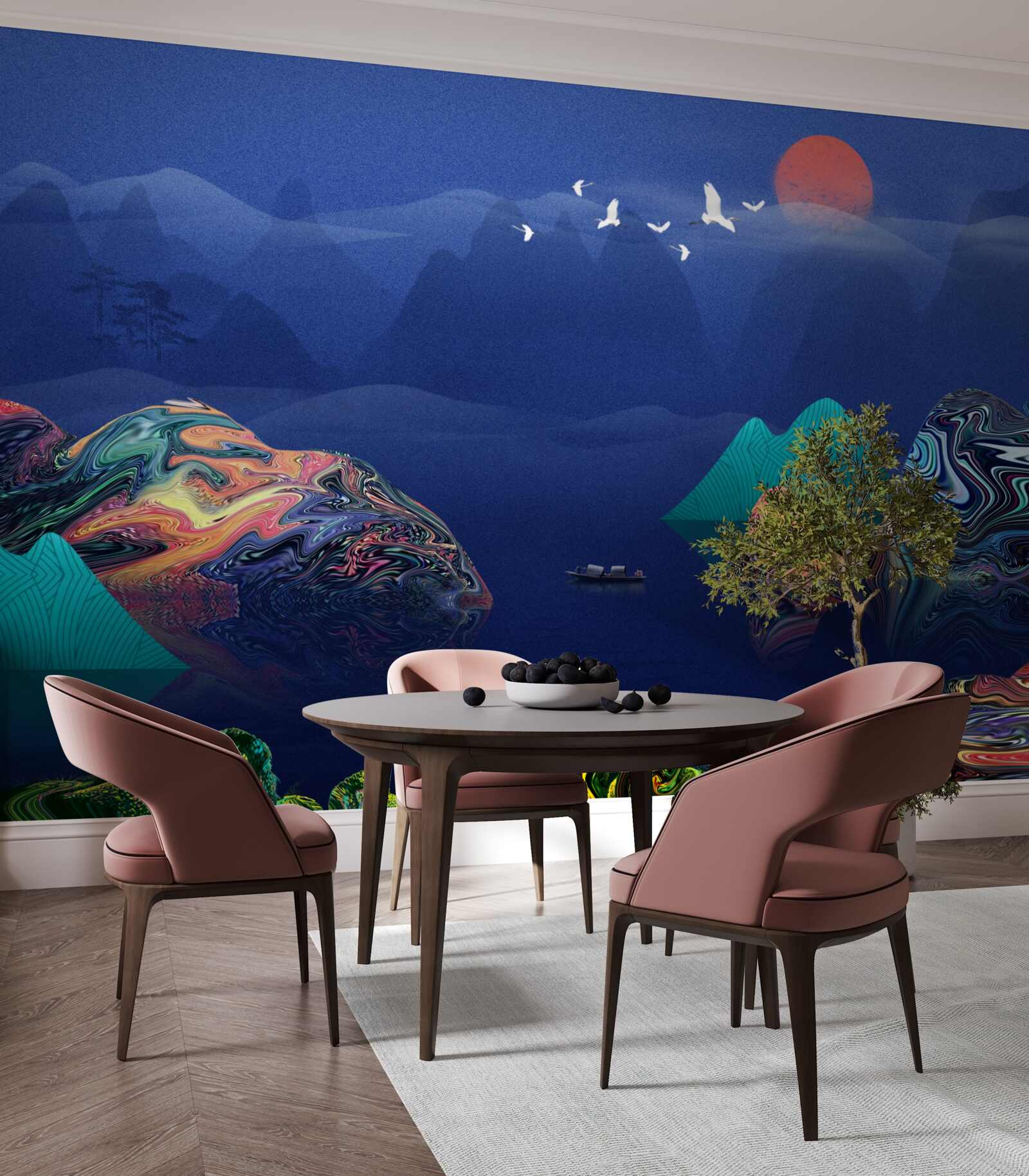 Fototapet Macarale care zboară la apus de soare peste un râu de munte