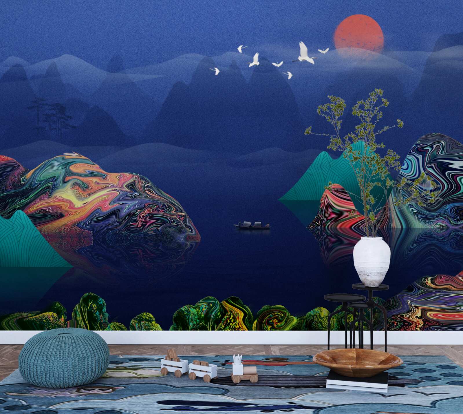 Fototapet Macarale care zboară la apus de soare peste un râu de munte