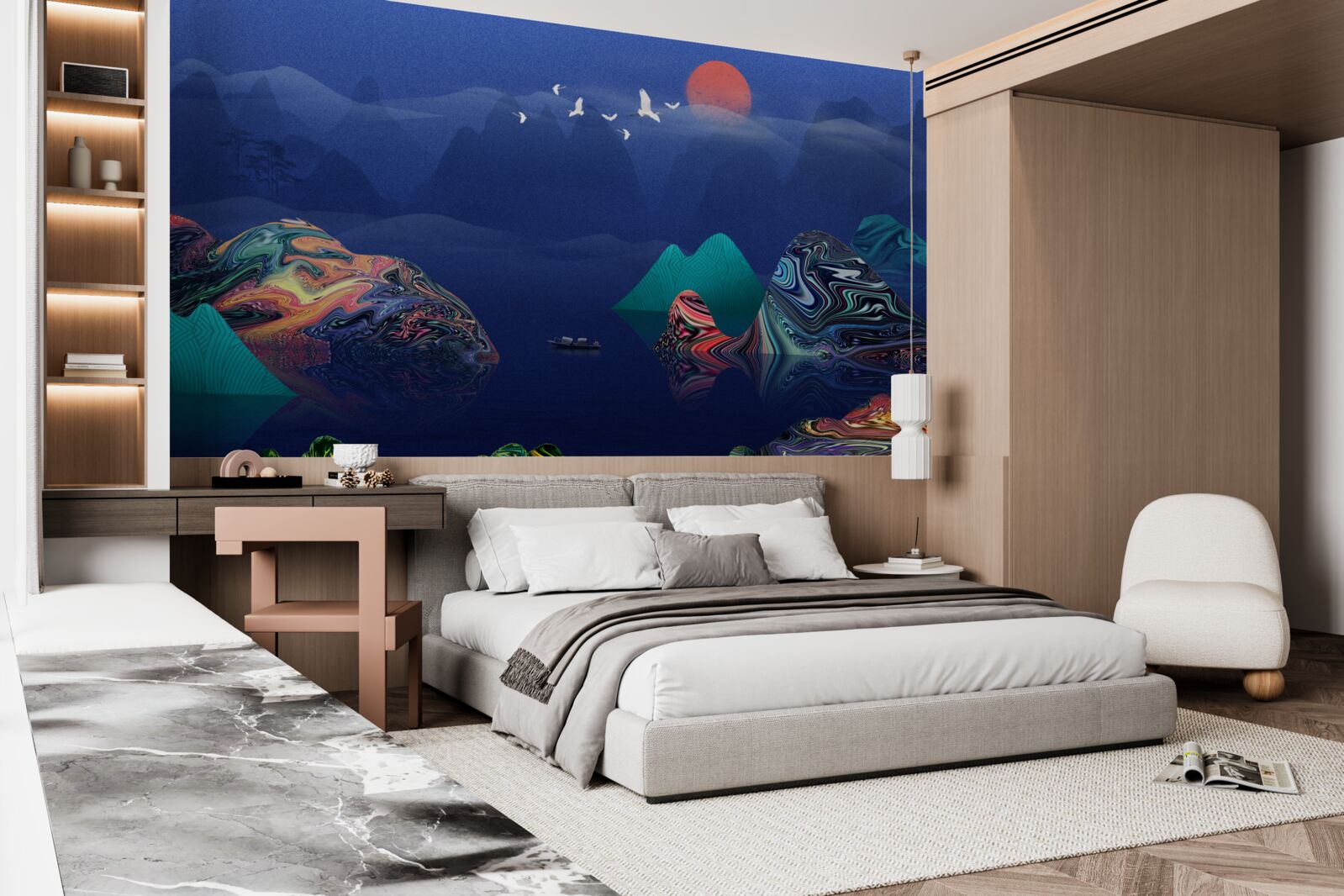 Fototapet Macarale care zboară la apus de soare peste un râu de munte