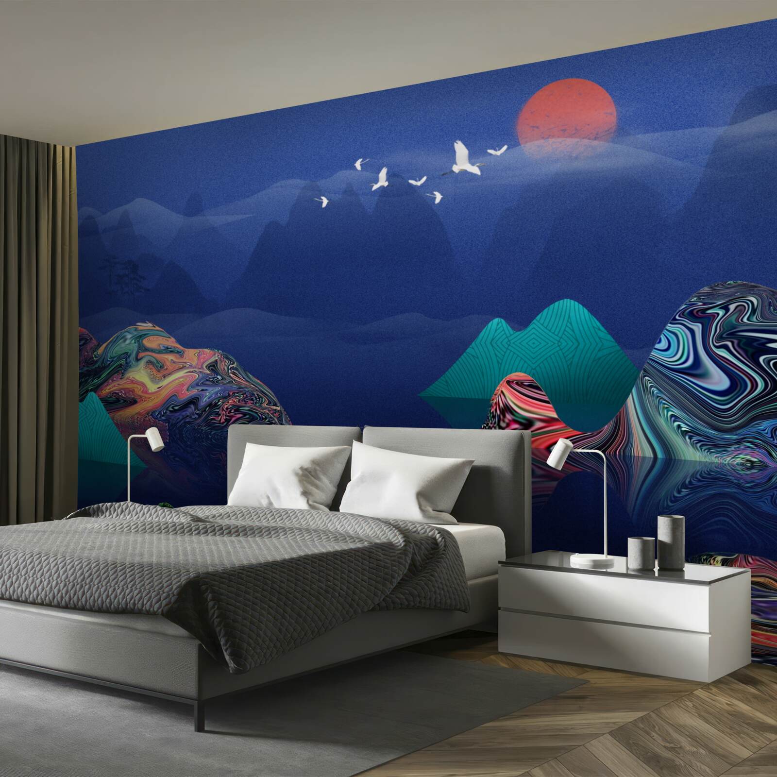 Fototapet Macarale care zboară la apus de soare peste un râu de munte