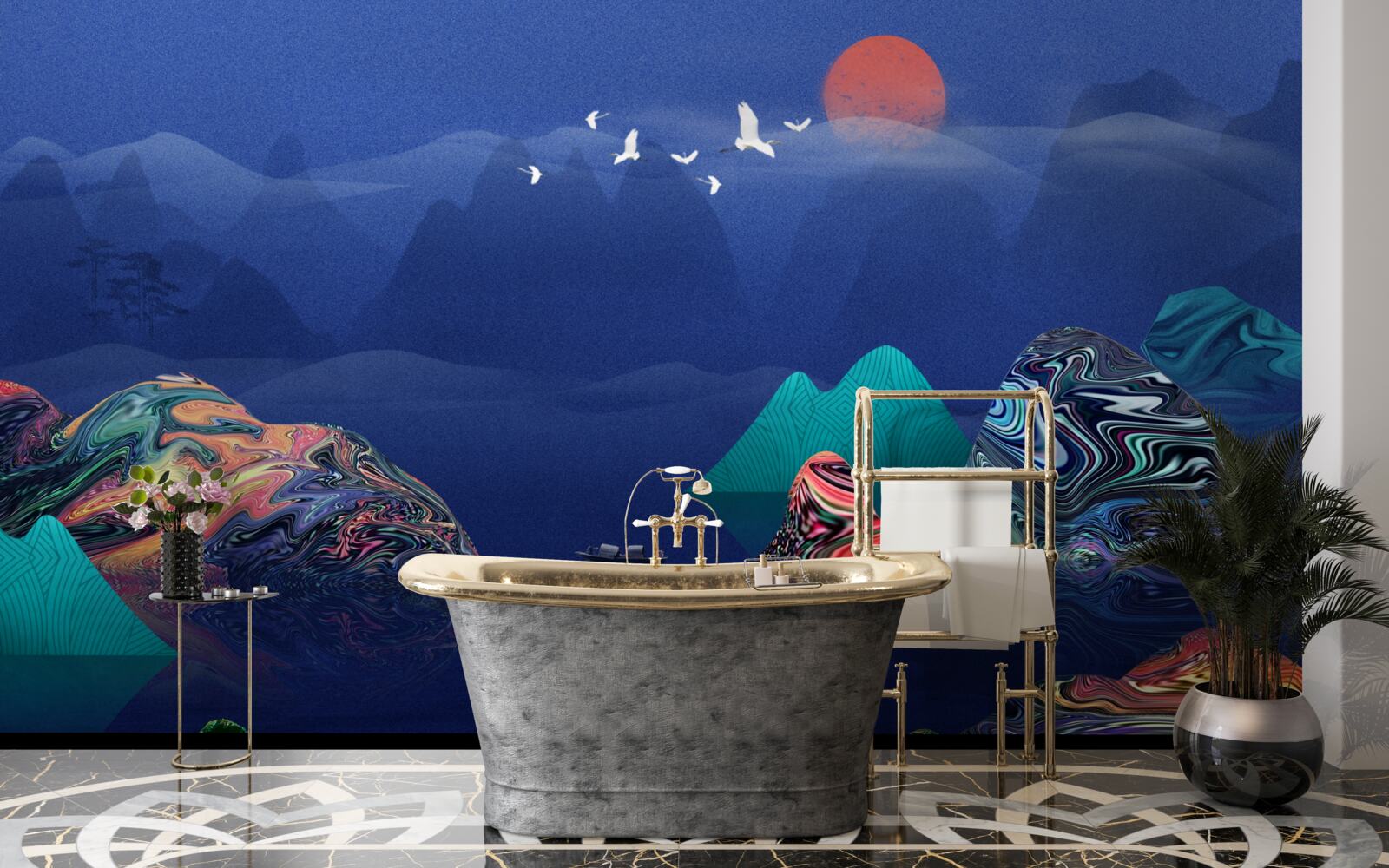 Fototapet Macarale care zboară la apus de soare peste un râu de munte