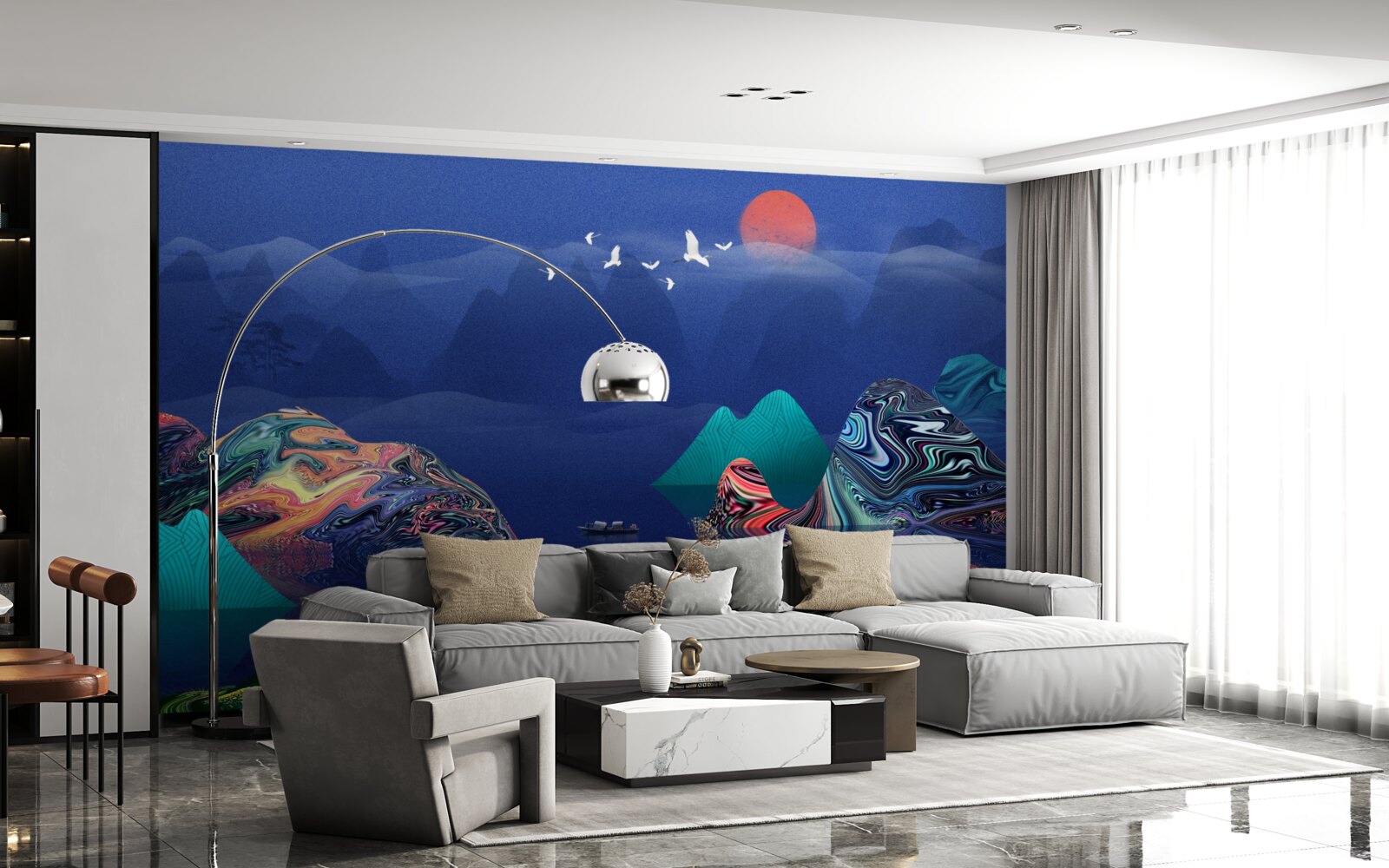 Fototapet Macarale care zboară la apus de soare peste un râu de munte