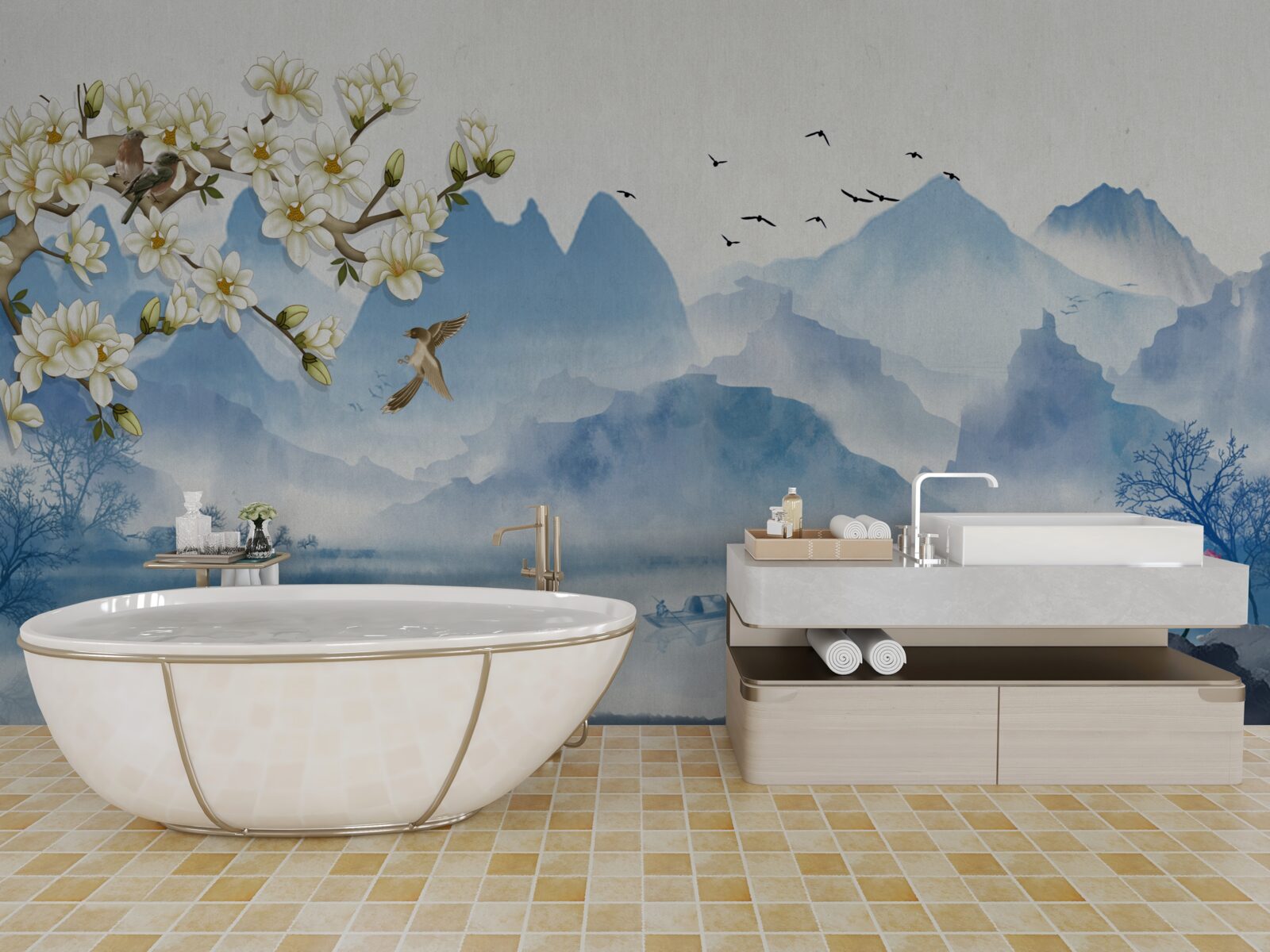 Fototapet acuarele înfățișând lacuri de munte în China