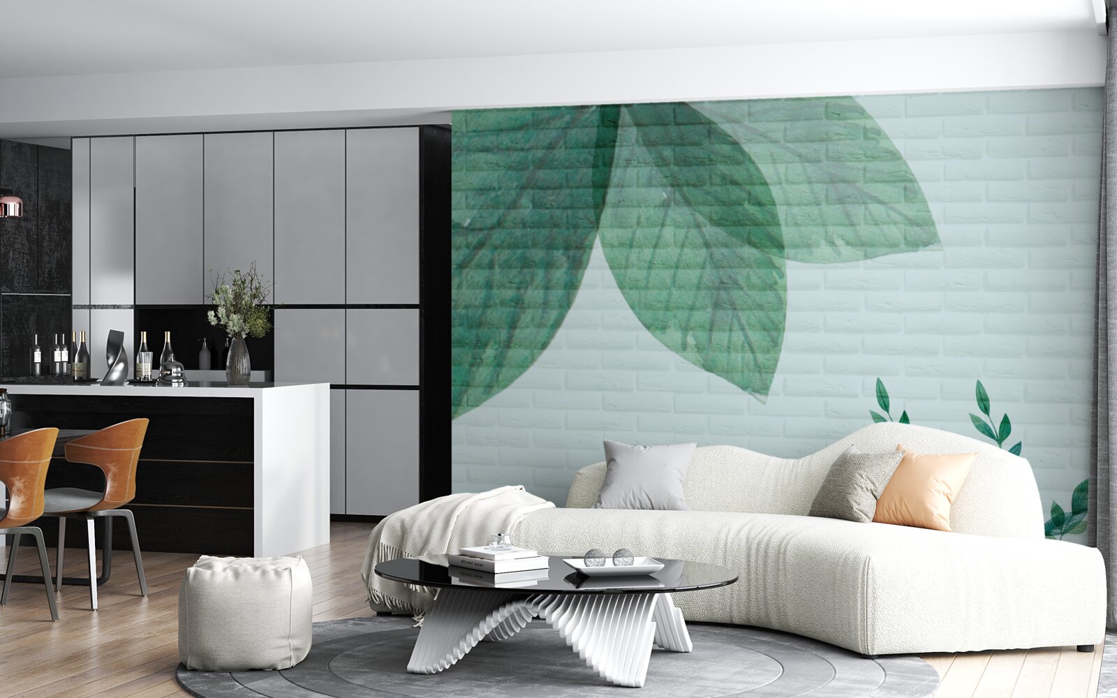 Fototapet Acuarelă frunze verzi pe un perete de cărămidă