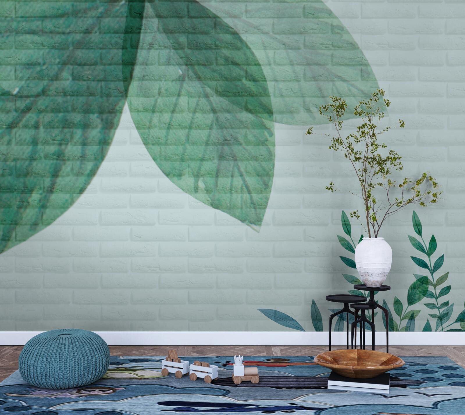 Fototapet Acuarelă frunze verzi pe un perete de cărămidă