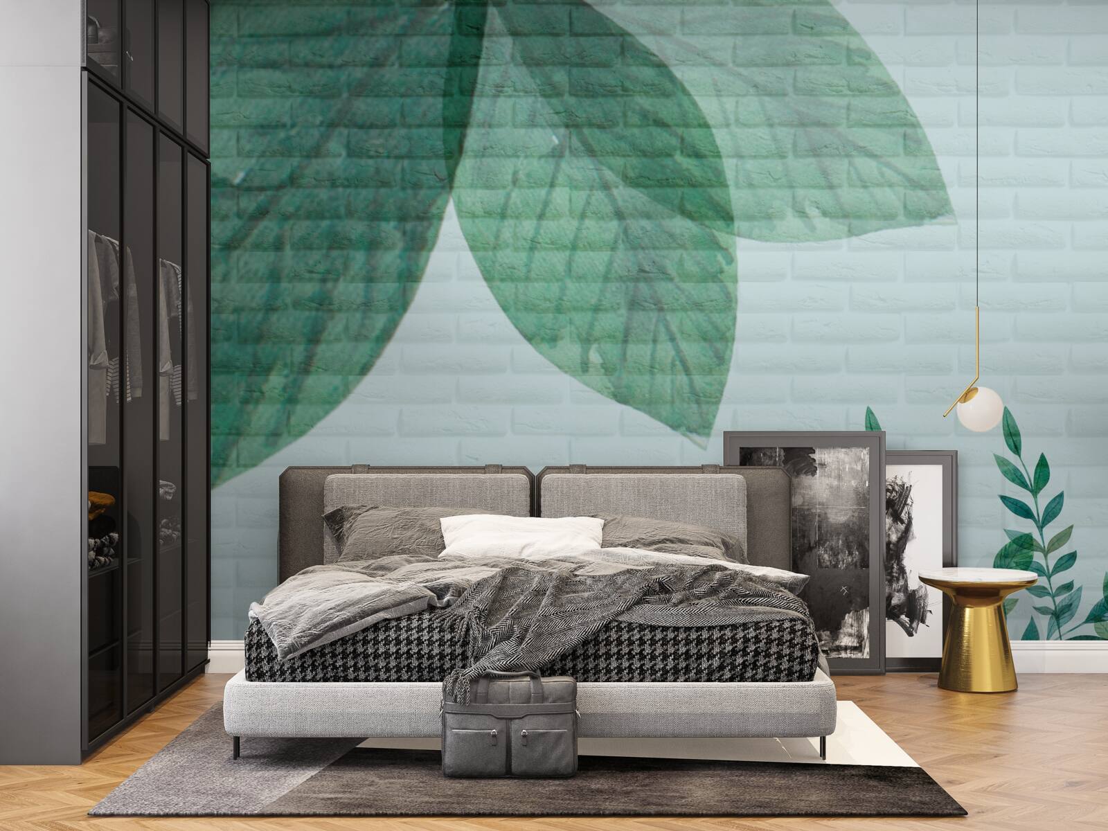 Fototapet Acuarelă frunze verzi pe un perete de cărămidă