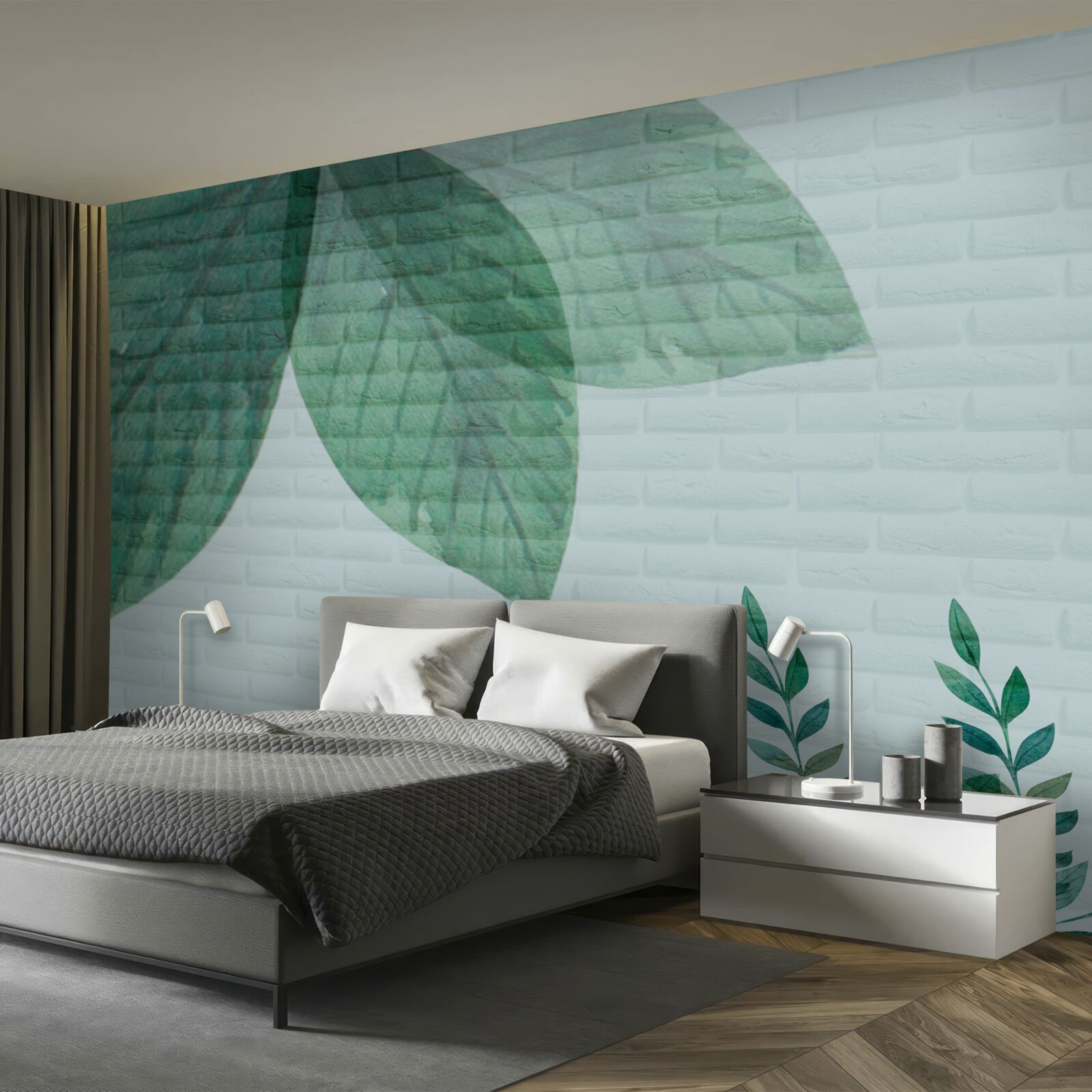 Fototapet Acuarelă frunze verzi pe un perete de cărămidă