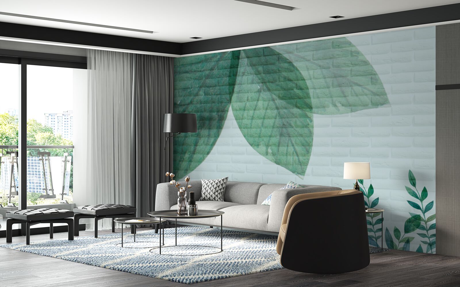 Fototapet Acuarelă frunze verzi pe un perete de cărămidă