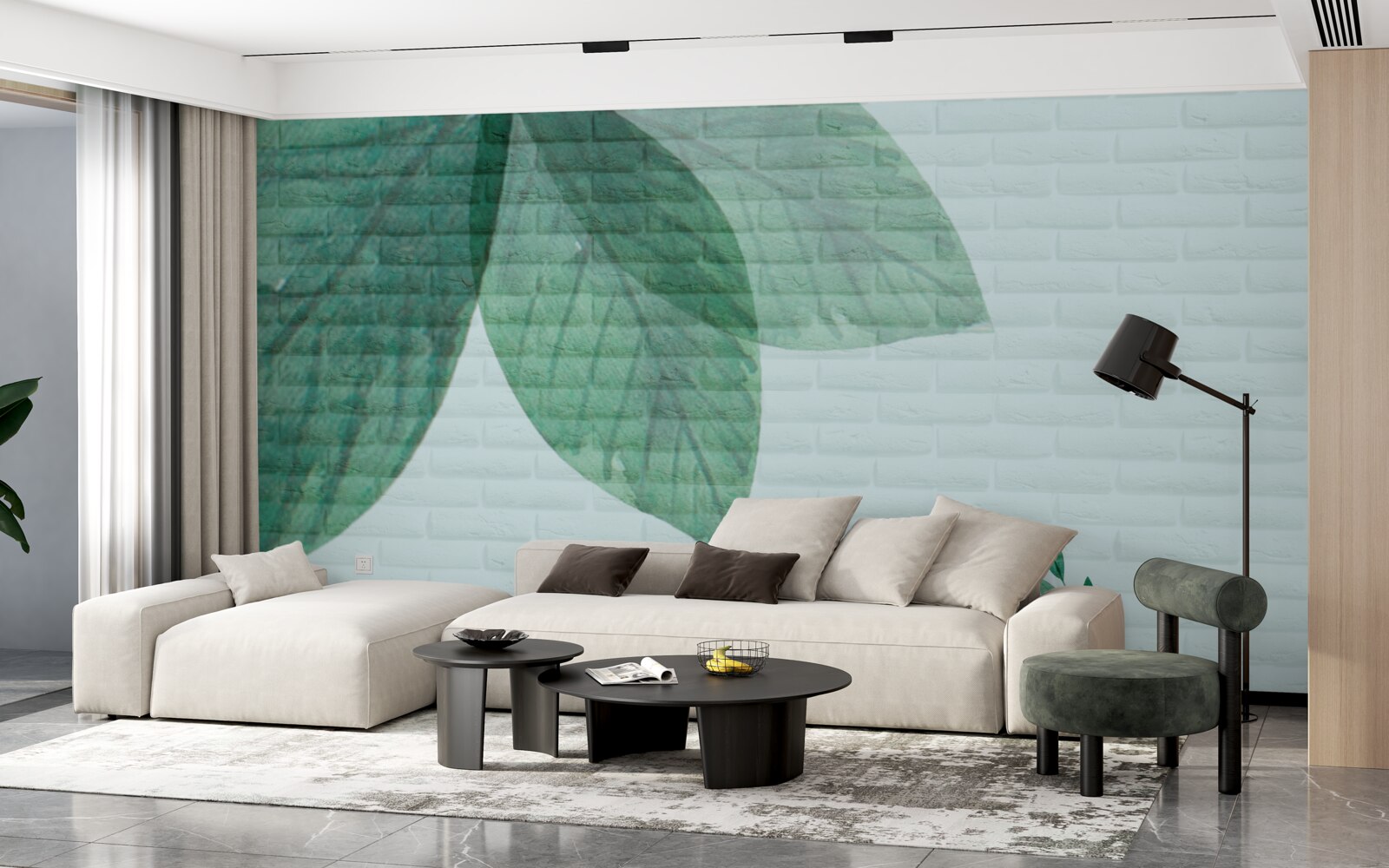 Fototapet Acuarelă frunze verzi pe un perete de cărămidă