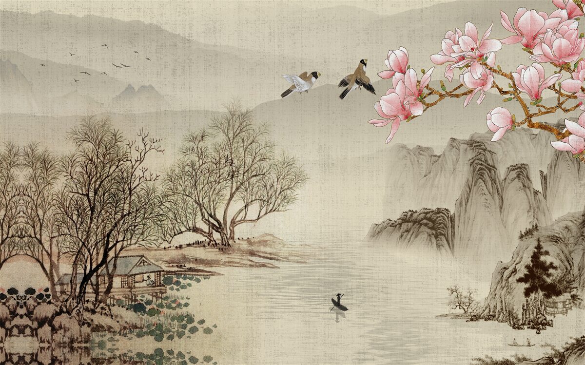 Fototapet magnolii în floare și un râu liniștit în munți