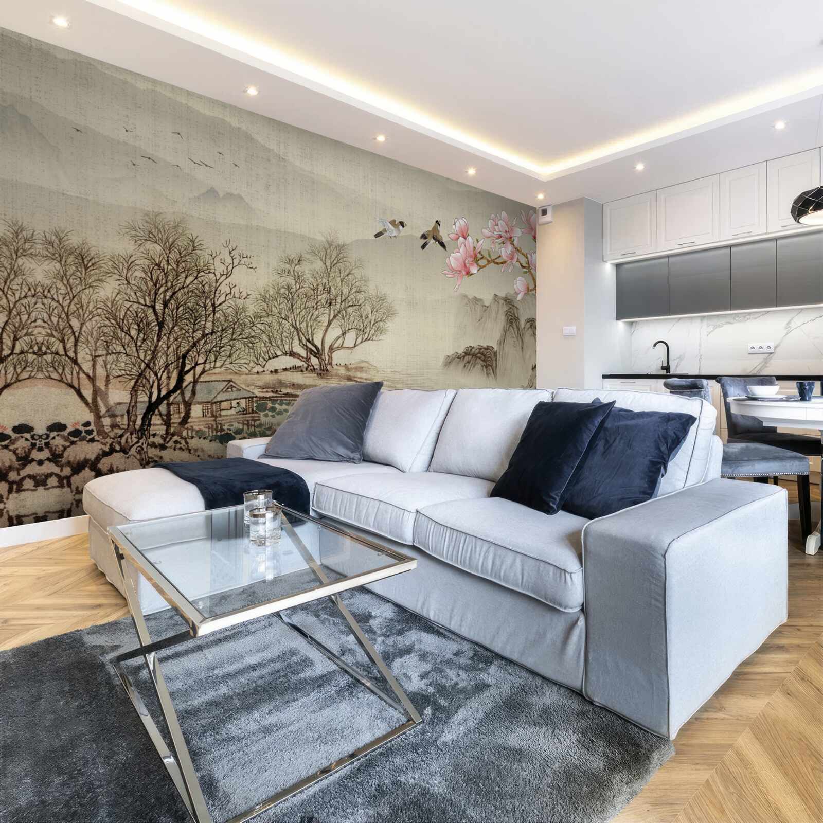 Fototapet magnolii în floare și un râu liniștit în munți