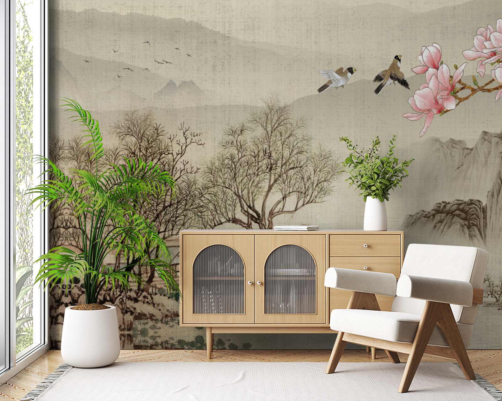 Fototapet magnolii în floare și un râu liniștit în munți