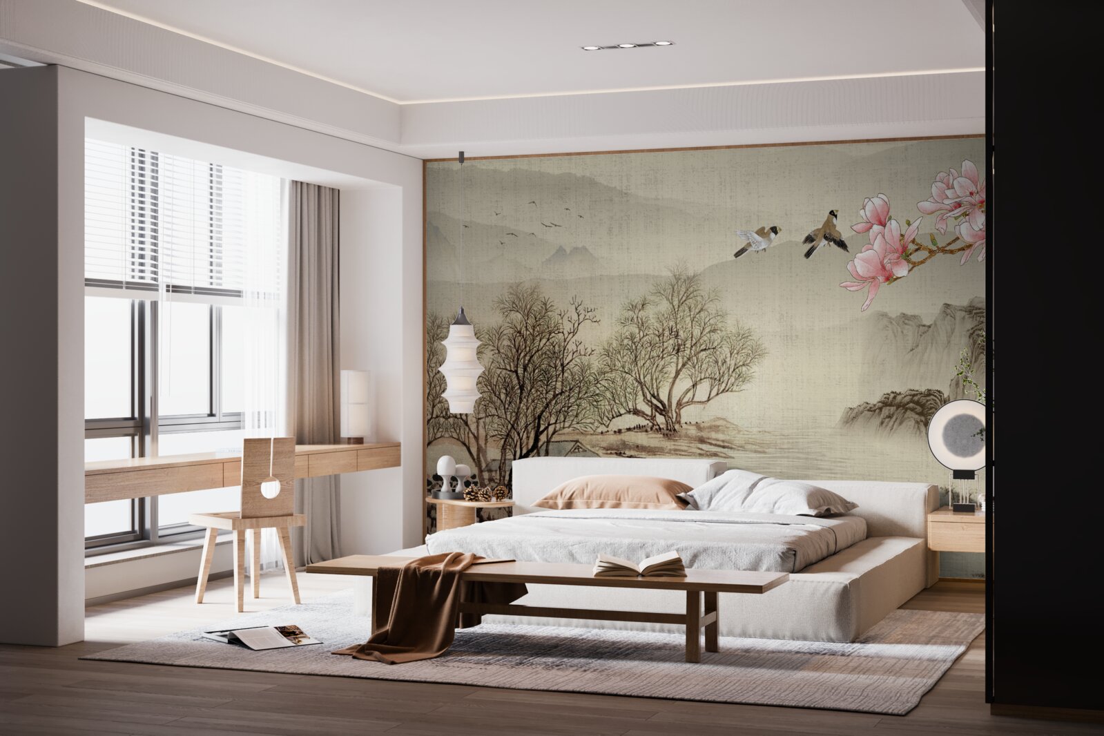 Fototapet magnolii în floare și un râu liniștit în munți