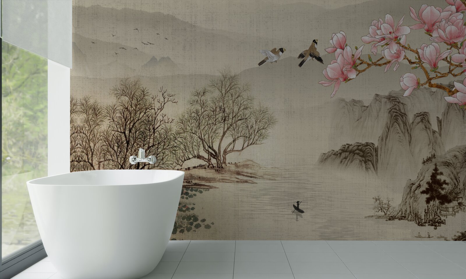 Fototapet magnolii în floare și un râu liniștit în munți