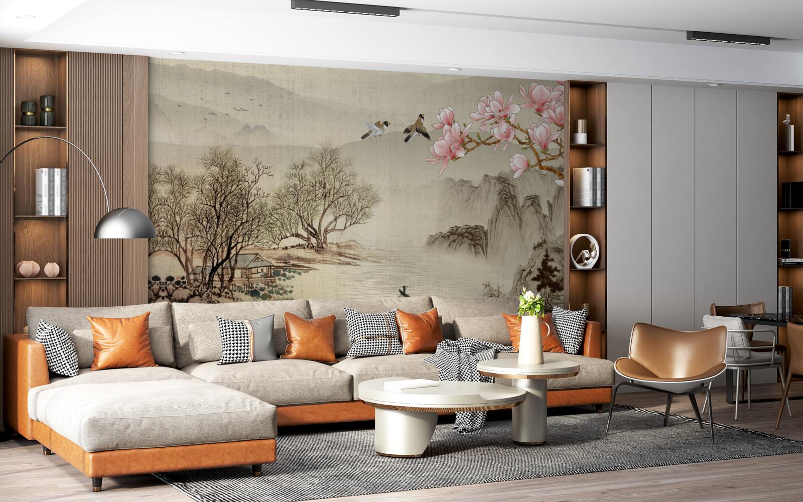 Fototapet magnolii în floare și un râu liniștit în munți