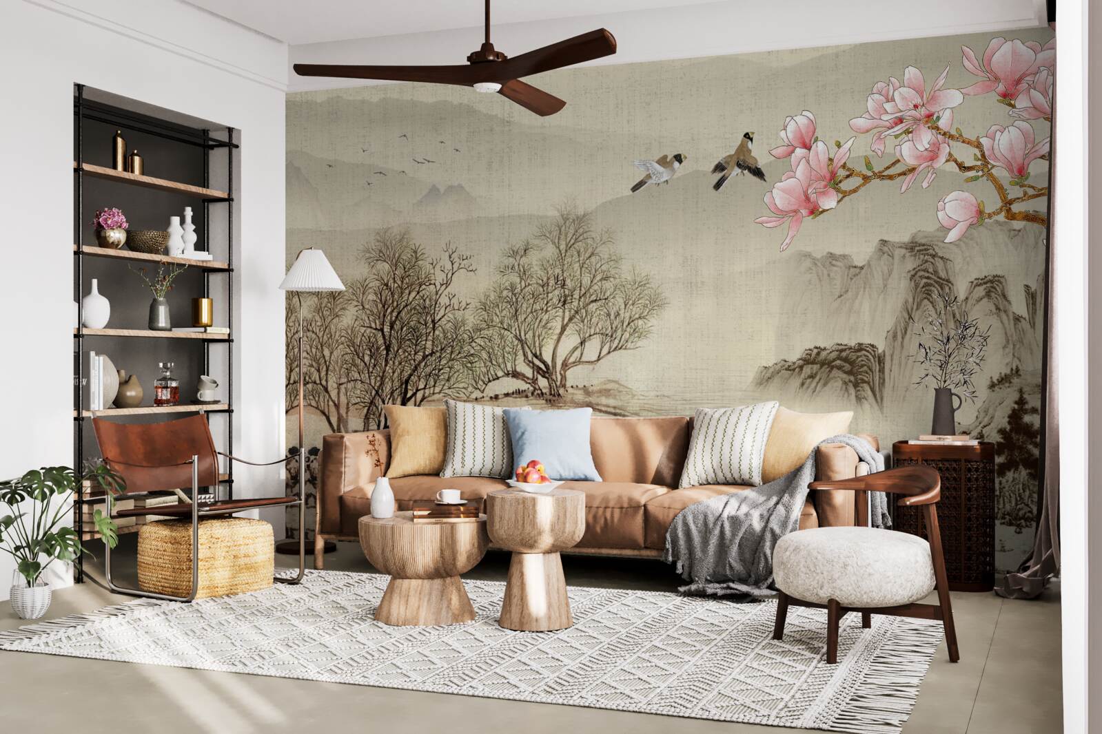 Fototapet magnolii în floare și un râu liniștit în munți