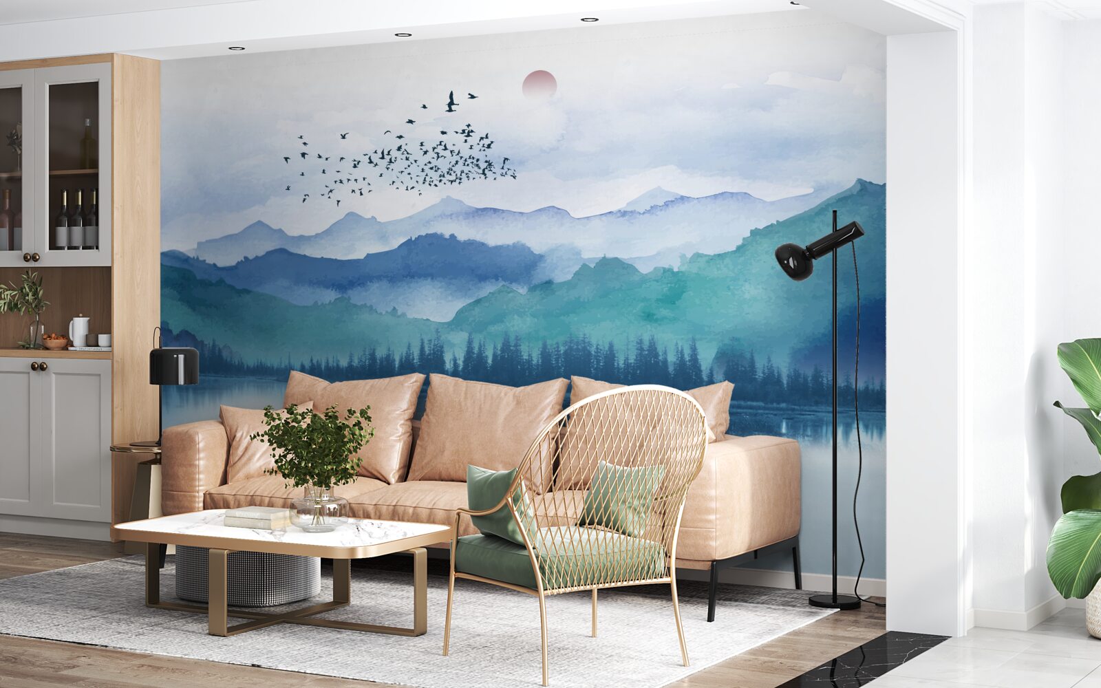 Fototapet un stol de păsări plutind pe un lac de munte pe fundalul apusului de soare