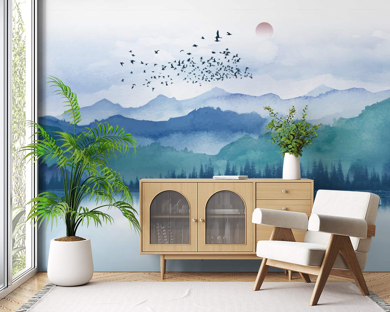 Fototapet un stol de păsări plutind pe un lac de munte pe fundalul apusului de soare