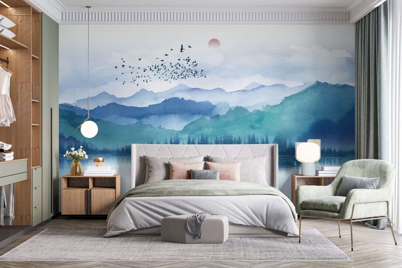 Fototapet un stol de păsări plutind pe un lac de munte pe fundalul apusului de soare