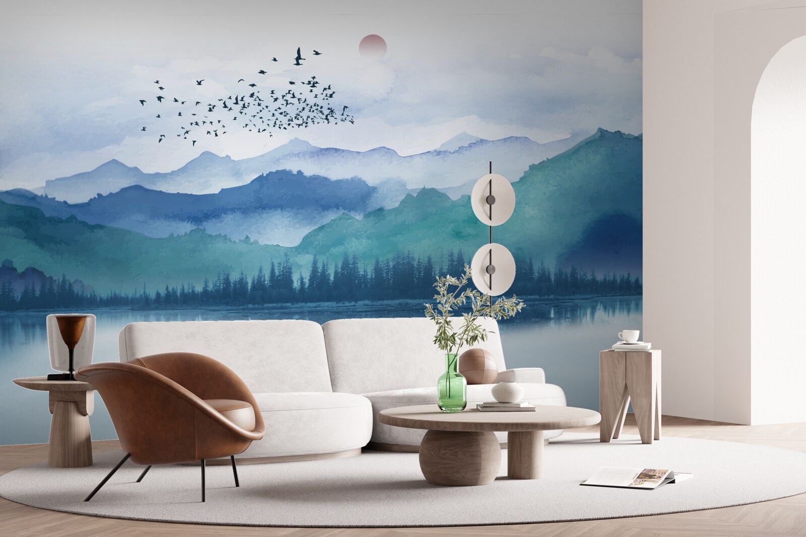 Fototapet un stol de păsări plutind pe un lac de munte pe fundalul apusului de soare