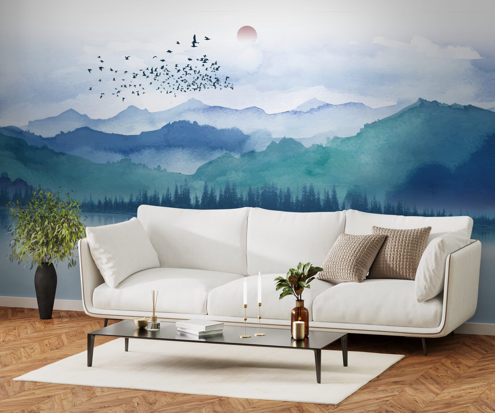 Fototapet un stol de păsări plutind pe un lac de munte pe fundalul apusului de soare