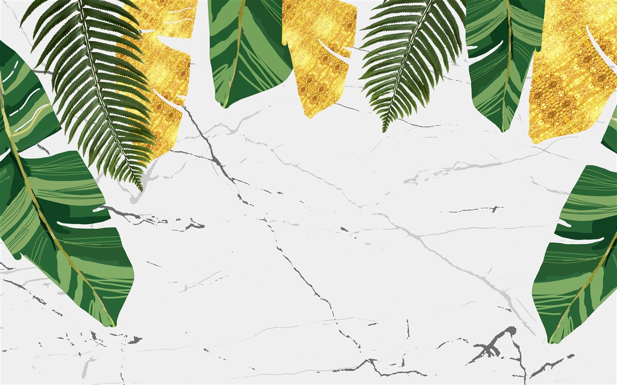 Fototapet frunze verzi și galbene pe marmură albă ca zăpada