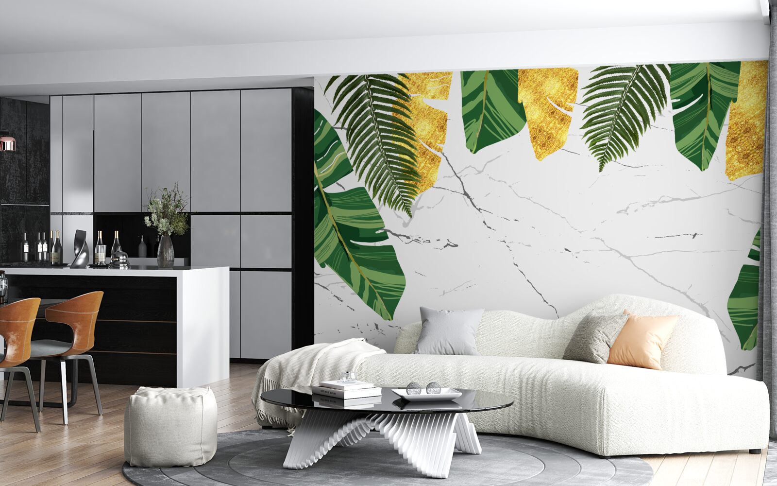 Fototapet frunze verzi și galbene pe marmură albă ca zăpada