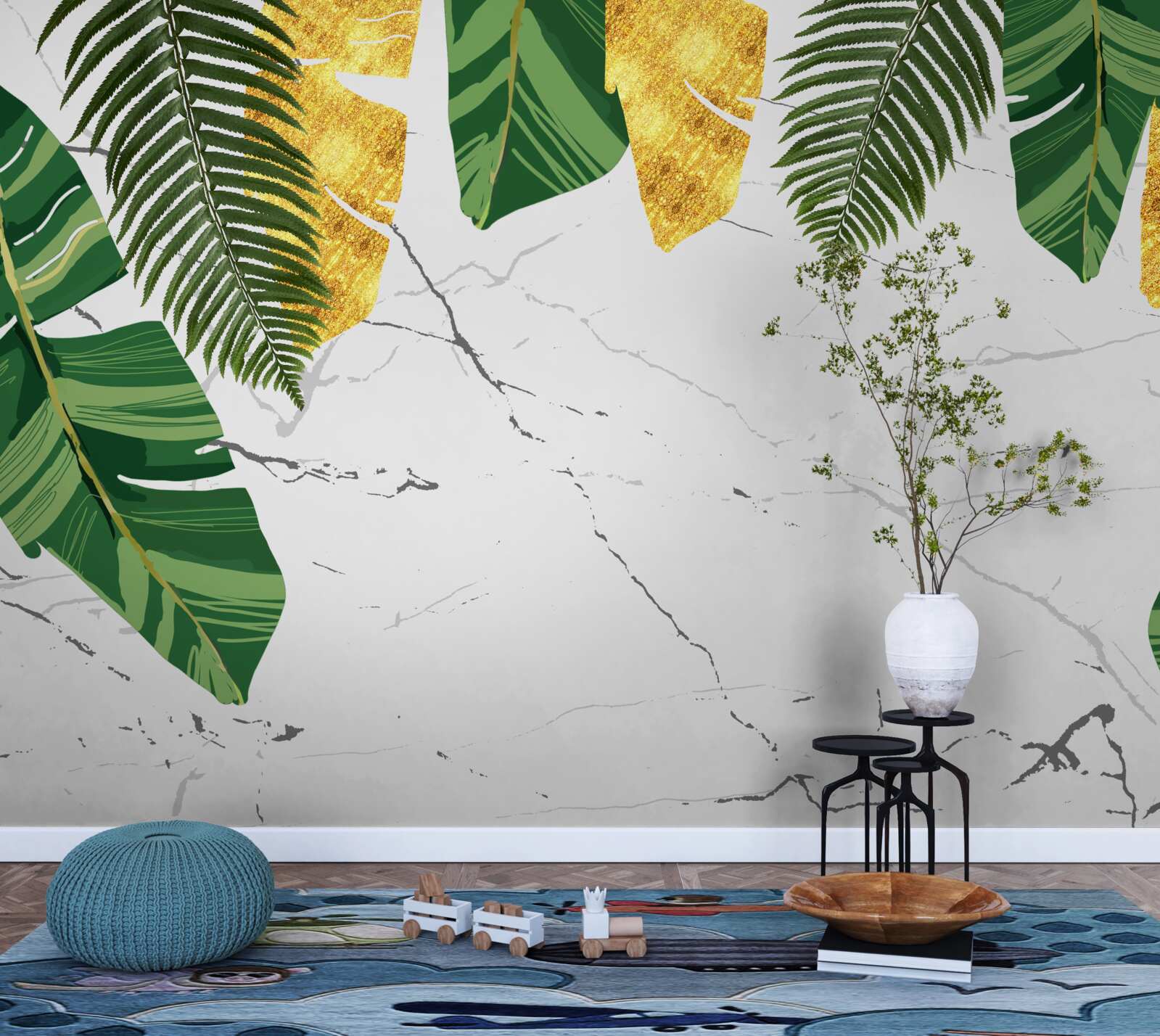 Fototapet frunze verzi și galbene pe marmură albă ca zăpada