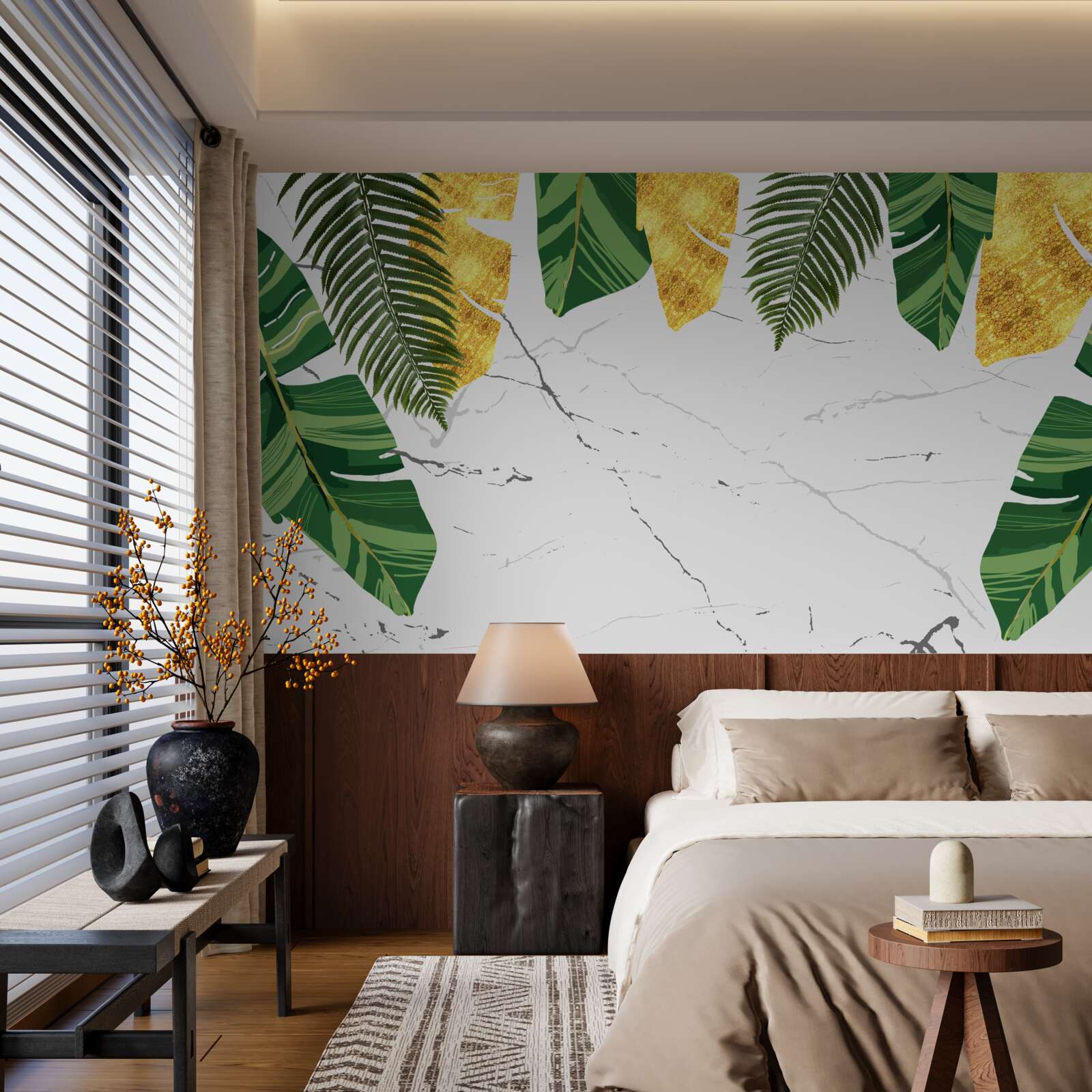 Fototapet frunze verzi și galbene pe marmură albă ca zăpada