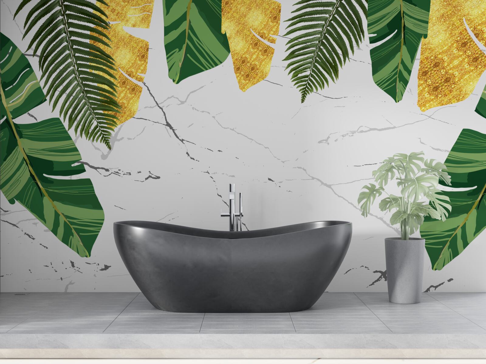 Fototapet frunze verzi și galbene pe marmură albă ca zăpada