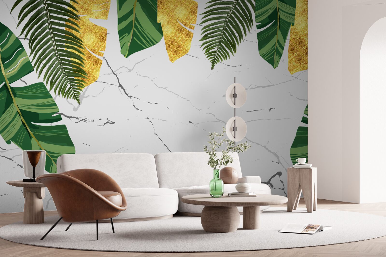 Fototapet frunze verzi și galbene pe marmură albă ca zăpada