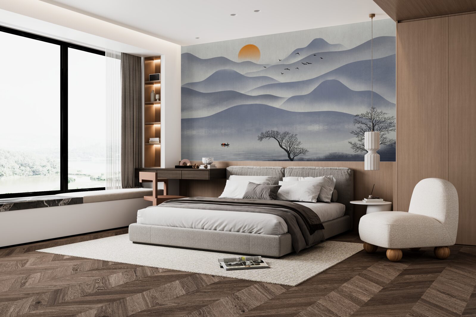 Fototapet comanda pe lac este completată de un pescar