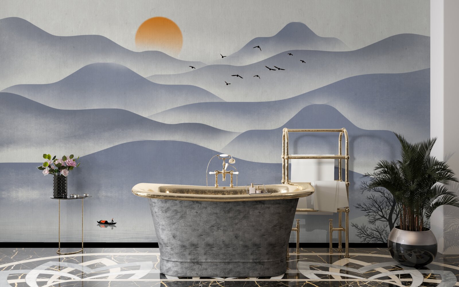 Fototapet comanda pe lac este completată de un pescar