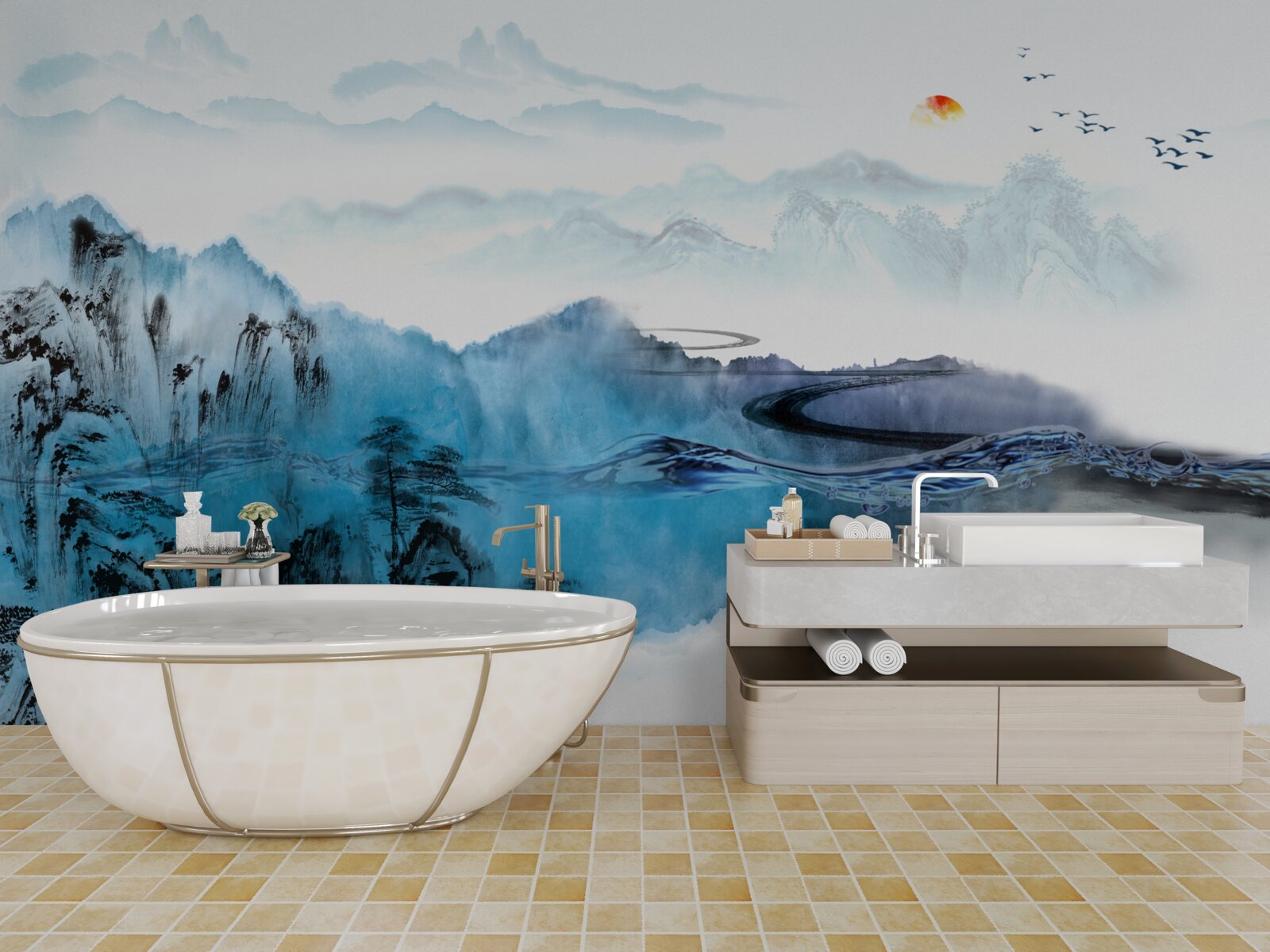 Fototapet sat de pescuit montan