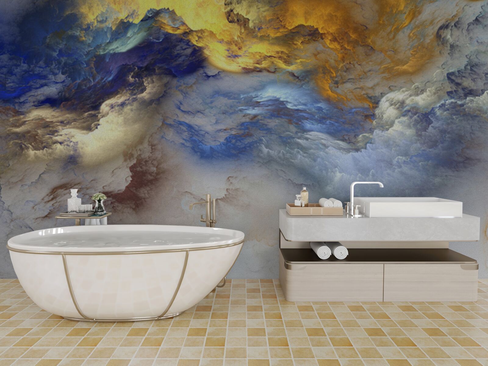 Fototapet marmură cu nuanțe, vopsită în albastru și galben