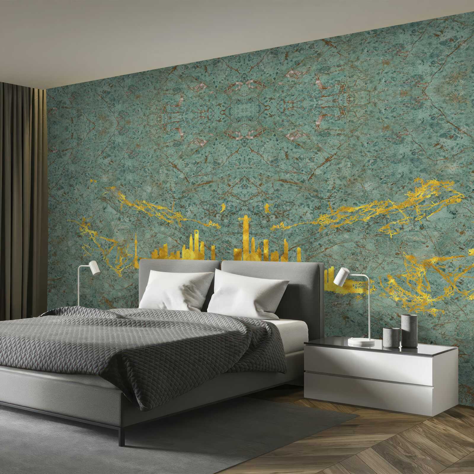 Fototapet marmură verde acoperită cu fire de aur