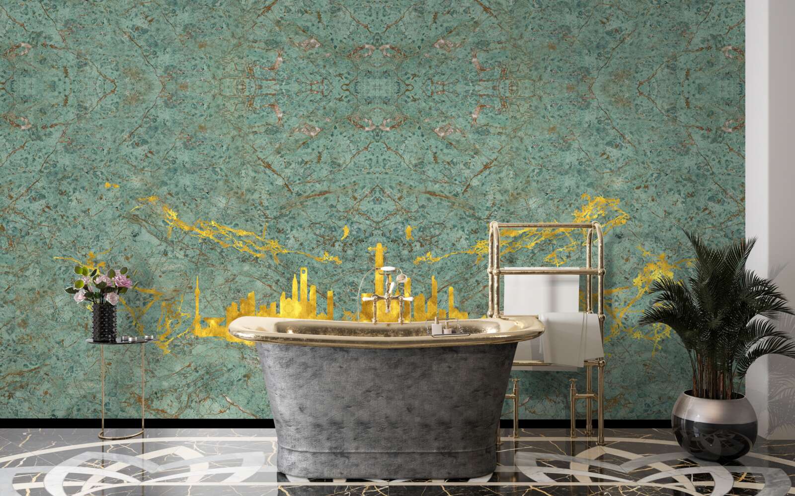 Fototapet marmură verde acoperită cu fire de aur